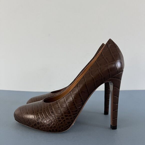 Ralph Lauren Purple Label Darlene Embossed Calfskin Brown Leather Pumps - Picture 4 of 8